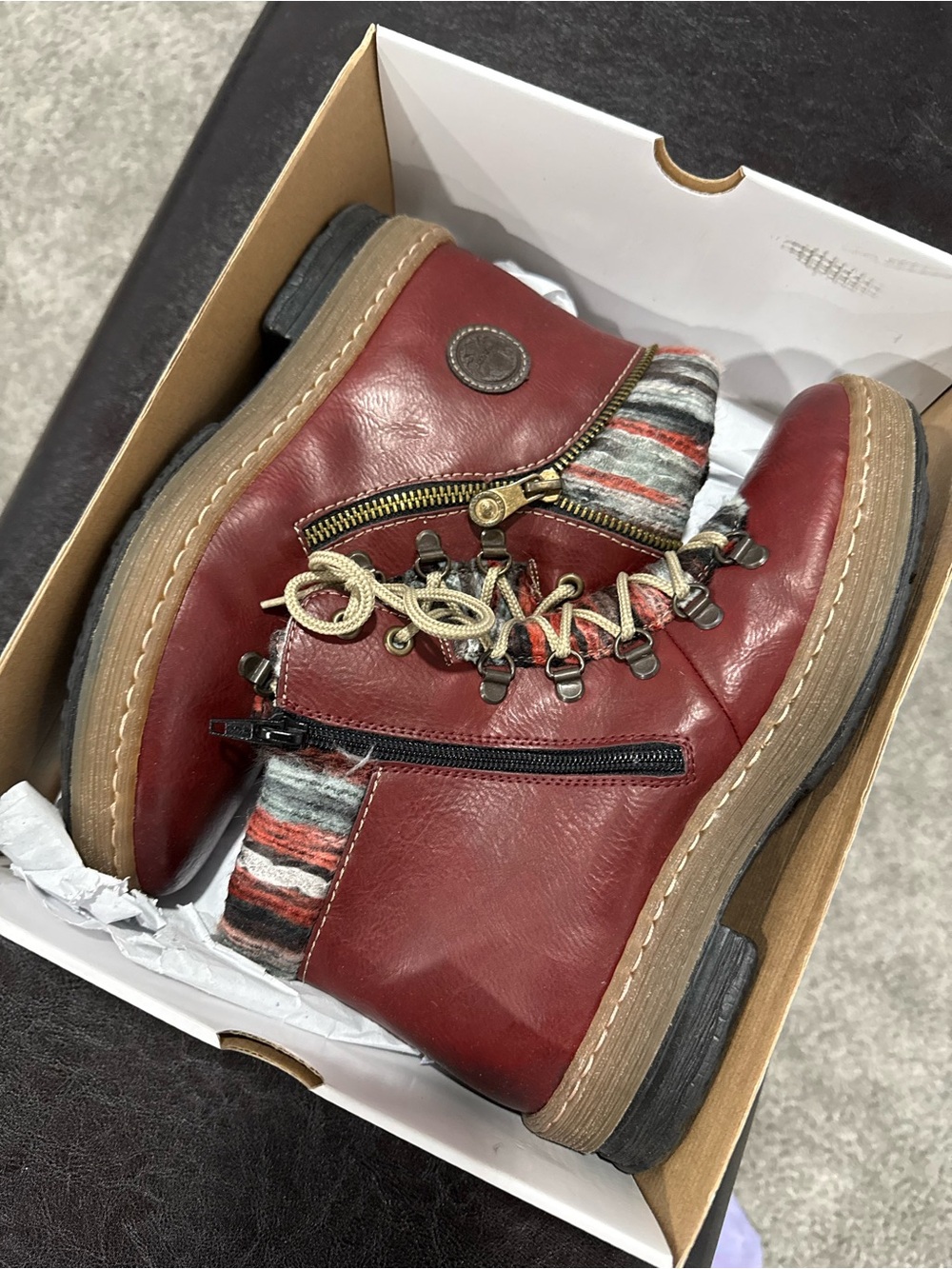Rieker Burgundy Leather Lace-Up Ankle Boots with Striped Knit Collar - Picture 2 of 9